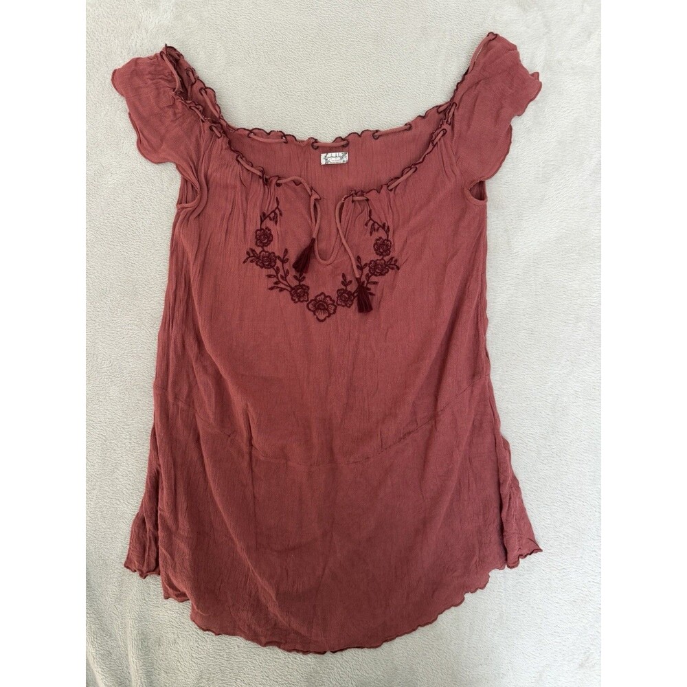 Free People Rust Blouse with Floral Embroidery